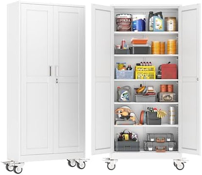 Metal Storage Cabinet with Wheels,Tall Rolling Garage Storage Cabinet with 2 Doors and 5 Adjustable Shelves - 75" Steel Lockable File Cabinet,Locking Tool Cabinets for Garage,Office,Gym,School(White)
