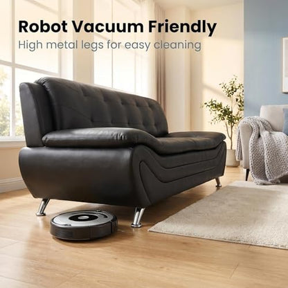 Modern Faux Leather Sofa – 3-Seater Couch with Chrome Legs, Tufted Back & Curved Base – Contemporary Lounge for Living Room, Home Office & Reception Area (Black)