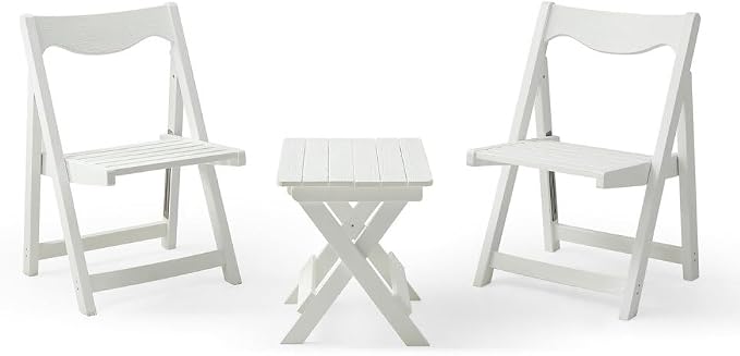 Outdoor Bistro Set Foldable Small Table and Chair Set,with 2 Chairs and Rectangular Table (White + HDPE)