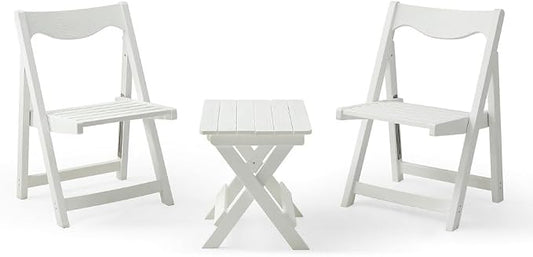 Outdoor Bistro Set Foldable Small Table and Chair Set,with 2 Chairs and Rectangular Table (White + HDPE)