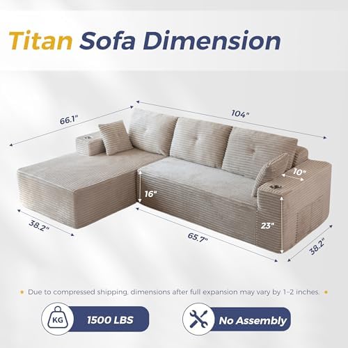 MAXYOYO Boneless Couch, 104" L-Shape Sectional Sofa, Left-Facing Chaise
