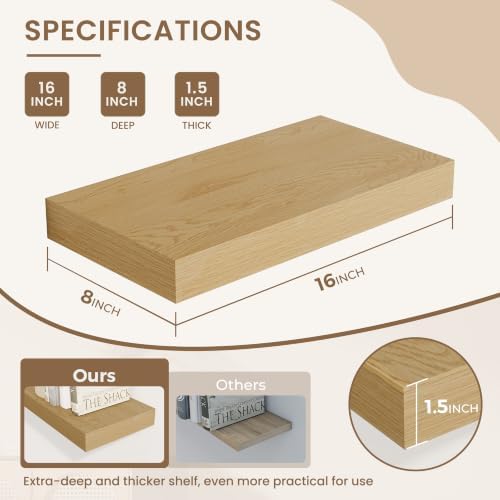 Dreamland 16 Inches Wall Mounted Wood Floating Shelves, Oak, 2 Pack