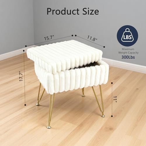 Vanity Stool Chair with Storage, Faux Fur Soft Padded Ottoman with Coffee Table, Modern Vanity Chair Fluffy Footstool with Metal Legs for Makeup, Living Room, Bedroom White