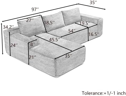 97" Cloud Boneless Couch, L-Shaped Sectional Sofa for Living Room, Brown