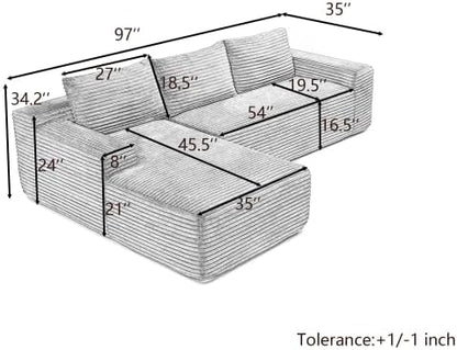 97" Cloud Boneless Couch, L-Shaped Sectional Sofa for Living Room, Brown