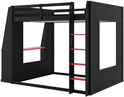 Queen Size Wooden Gaming Bunk Bed with Desk Black+Red1