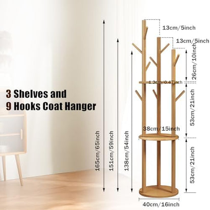 Coat Rack,Free Stand Coat Tree Hanger Cloth Rack With 3 Shelves And 9 Hooks