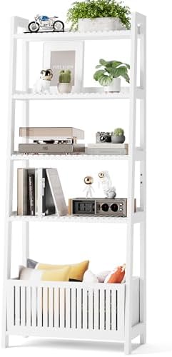 Bamboo White Bookshelf with Slatted Basket, Ladder Bookcase with 4 Display Shelves and 1 Open Storage Basket, Multifunctional Storage Rack Organizer for Home Office, Bedroom, Living Room, 66” H