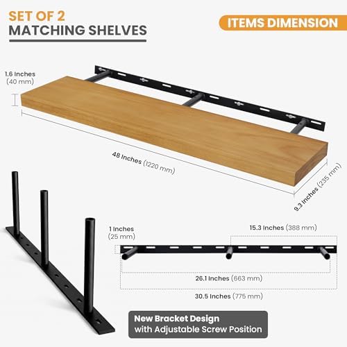 Floating Shelves for Wall, 48" x 9.3" Solid Pine Wood Wall Shelf, Wall Mounted Display Shelf with Invisible Heavy-Duty Metal Bracket, Home Decor for Bedroom, Kitchen, Living Room, Oak, 1 Pack