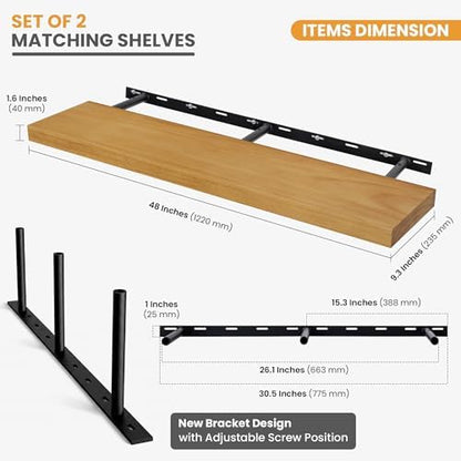 Floating Shelves for Wall, 48" x 9.3" Solid Pine Wood Wall Shelf, Wall Mounted Display Shelf with Invisible Heavy-Duty Metal Bracket, Home Decor for Bedroom, Kitchen, Living Room, Oak, 1 Pack