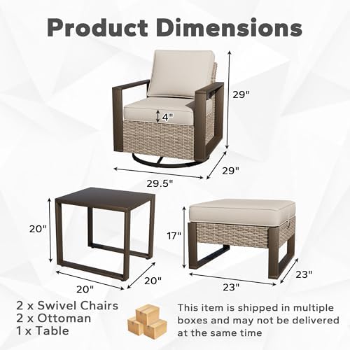 Outdoor Patio Swivel Rocker Chairs, 5 Pieces Wicker Furniture Set, 2 Swivel Rocking Chairs, 2 Ottoman and 1 Table, Metal Wide Armrest, Thick Cushions and Deep Seating for Garden, Backyard, Porch, Deck