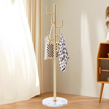 Modern Metal Coat Rack Stand with Natural Marble Base, Heavy Duty Coat Rack Freestanding with 8 Hooks, Golden Cactus Standing Coat Racks for Bag, Jacket, Entryway Office (Golden Cactus)