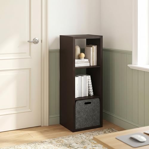 3-Cube Bookshelf, Cubicle Shelf Bookcase with Open Back, Position Reversible Book Shelf, 15 x 16 x 44, for Home Office, Living Room, Dark Oak