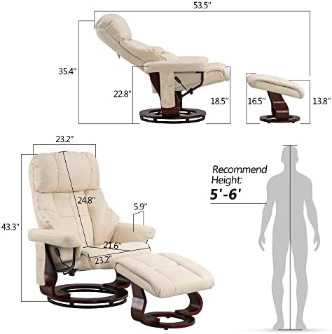 MCombo Manual Swivel Recliner with Ottoman, Reclining Chair with Vibration Massage for Small Spaces, Living Room, Office, Faux Leather 9068 (Cream White)