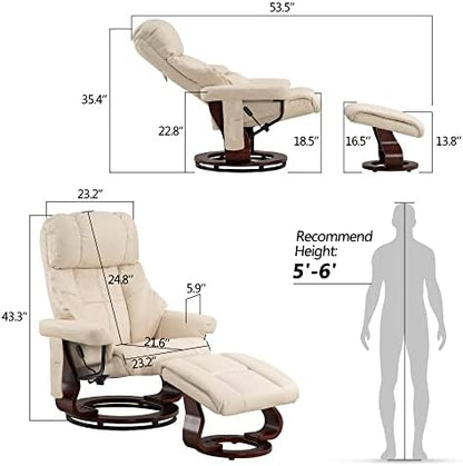 MCombo Manual Swivel Recliner with Ottoman, Reclining Chair with Vibration Massage for Small Spaces, Living Room, Office, Faux Leather 9068 (Cream White)