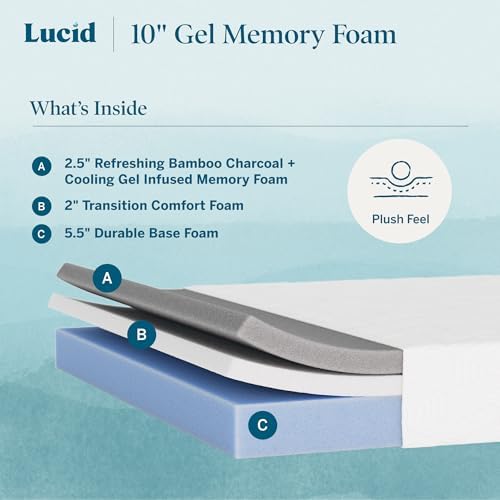 Lucid 10 Inch Gel Memory Foam Mattress, Plush, Fiberglass Free, Queen Size