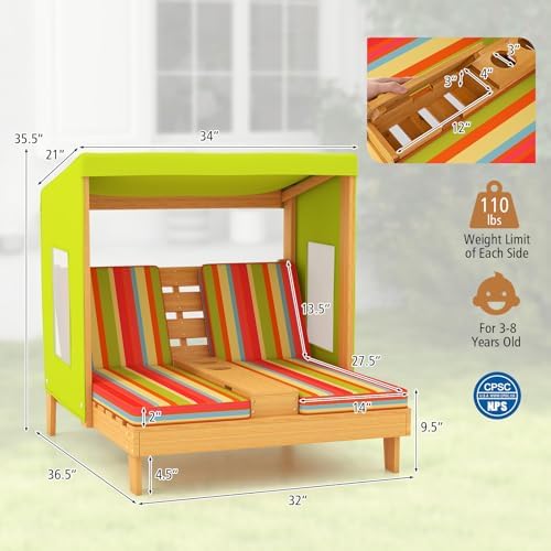 HONEY JOY Kids Chaise Lounge Chair Outdoor, Toddler Wood Double Pool Lounger Chairs w/Canopy, Cup Holders, Removable Stripped Fabric Cushions, 2-Person Kids Patio Furniture for Backyard (Light Green)