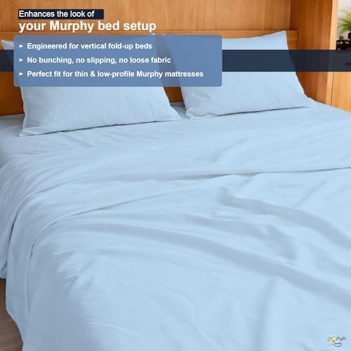 Cottington Lane Sky Blue Sheets for Murphy Bed Mattress, 4 Piece Premium Ultra Soft Brushed Microfiber California King Size Wall Bed Sheet Set, 6-10 Inch Deep Pocket with All-Around Elastic