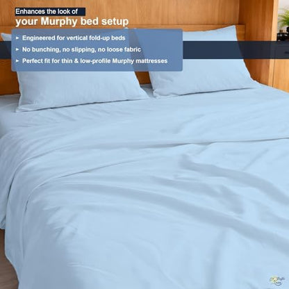 Cottington Lane Sky Blue Sheets for Murphy Bed Mattress, 4 Piece Premium Ultra Soft Brushed Microfiber California King Size Wall Bed Sheet Set, 6-10 Inch Deep Pocket with All-Around Elastic