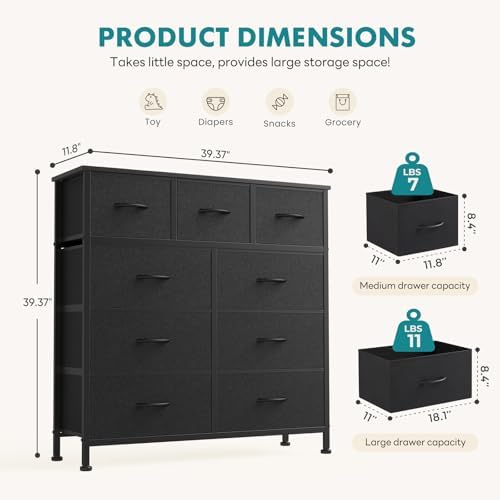 OLIXIS 9 Drawer Fabric Dresser for Bedroom, Black Chest of Drawer Organizer