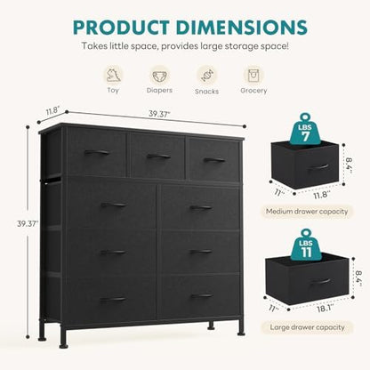 OLIXIS 9 Drawer Fabric Dresser for Bedroom, Black Chest of Drawer Organizer