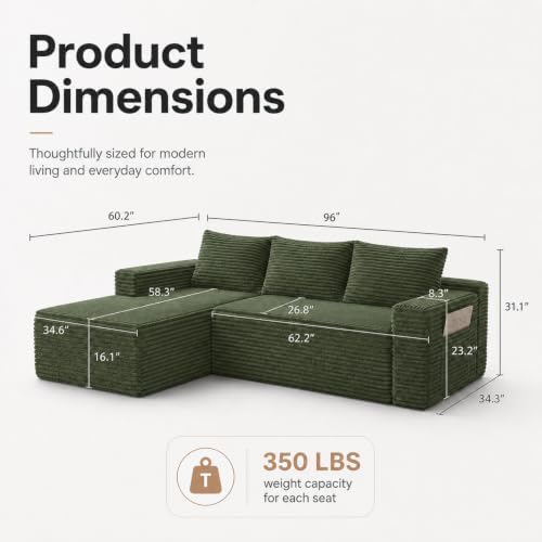 96 inch Boneless Couch, Modular L-Shaped Cloud Sectional Sofa, Green