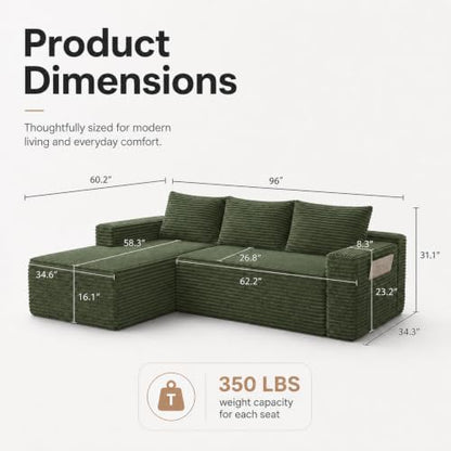 96 inch Boneless Couch, Modular L-Shaped Cloud Sectional Sofa, Green