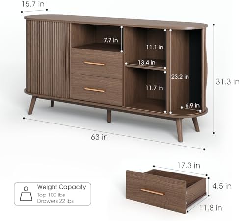JOINICE Walnut Sideboard Buffet Cabinet with Storage for Dining Room，63"