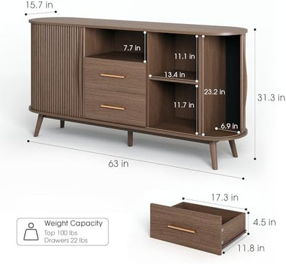 JOINICE Walnut Sideboard Buffet Cabinet with Storage for Dining Room，63"