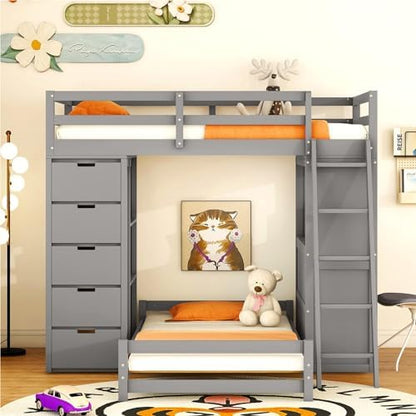 Twin Over Twin Bunk Bed with LED Light and USB Ports, Wood Bunk Bed with Desks, Bookshelves and 5 Drawers for Kids Teens Adults (Gray)