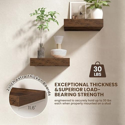 FLYJOE 12 Inch Deep Floating Shelves, 12'' x 12'' Brown Shelves Set of 2