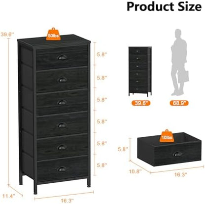 Black Dresser for Bedroom, Tall Fabric Chest of Drawers