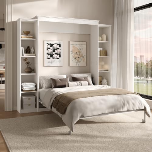 Rophefx Queen Murphy Bed Cabinet with 5-Tier Shelves, Wood Wall Bed, White