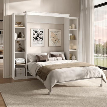 Rophefx Queen Murphy Bed Cabinet with 5-Tier Shelves, Wood Wall Bed, White
