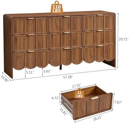 9 Drawer Dresser for Bedroom, Modern Chest of Scalloped Drawer, Walnut