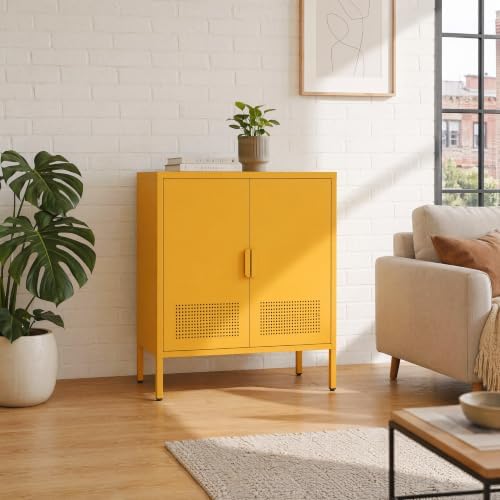 Yellow 2 Door Metal Storage Cabinet, Ventilated Accent Locker with 2 Adjustable Shelves, Freestanding 3 Tier Storage Sideboard Cabinet for Living Room Kitchen Bedroom Entryway Office