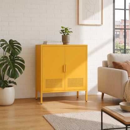 Yellow 2 Door Metal Storage Cabinet, Ventilated Accent Locker with 2 Adjustable Shelves, Freestanding 3 Tier Storage Sideboard Cabinet for Living Room Kitchen Bedroom Entryway Office