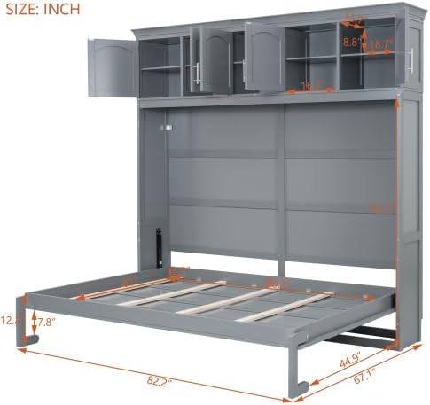 Queen Murphy Bed Cabinet, Wall Bed with Storage, Folding Cabinet Bed with Dual Piston Metal Mechanism, Murphy Cabinet Space Saving Bed for Guest Room, Home Office, Apartment (Gray -z1)
