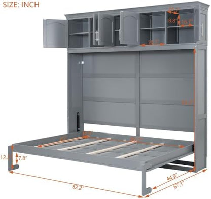 Queen Murphy Bed Cabinet, Wall Bed with Storage, Folding Cabinet Bed with Dual Piston Metal Mechanism, Murphy Cabinet Space Saving Bed for Guest Room, Home Office, Apartment (Gray -z1)