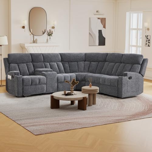 CANMOV Manual Reclining Sectional Sofa Set, Fabric L Shaped Reclining Sectional Corner Couch with Center Console, Living Room Furniture Sets with Cup Holder and Storage for Home Office, Dark Grey