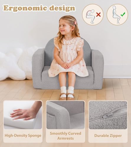 Kids Couch, 2-in-1 Soft Toddler Couch Fold Out with Blanket, Comfy Toddler Chair, Convertible Sofa, Gifts for Kids Girl Boys, Medium Grey Rainbow
