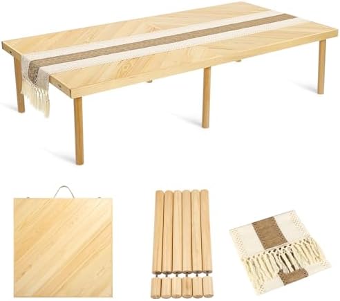 Folding Picnic Table with Table Runner, Portable Boho Low Picnic Table for Indoor Outdoor, 60" x 30" Wooden Table with Adjustable Heights for Camping, Wedding, Beach, Garden, Party(Large Size for 6)