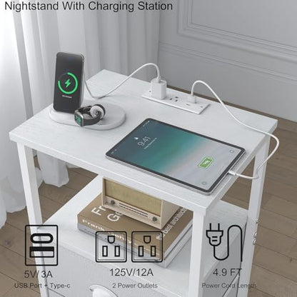 sthmec Nightstand with Charging Station, LED Night Stand with 2 Fabric Drawers PU Finish, Bedside Tables End Table with LED Light, 3-Tier Storage Side Table Nightstand with Drawers for Bedroom,White