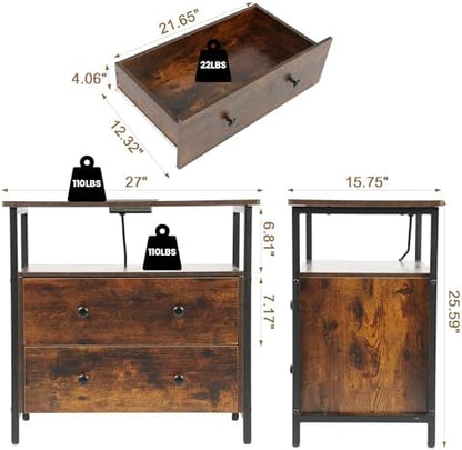 27" Nightstand Set 2 with Charging Station & 2 Drawer, Retro Brown