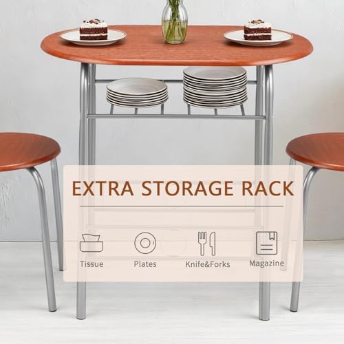 VINGLI 3 Piece Dining Set, Small Kitchen Table Set for 2, Breakfast Table Set, Kitchen Wooden Table with 2 Chairs for Small Space/Dining Room/Apartment, Metal Frame, Wine Rack, Russet