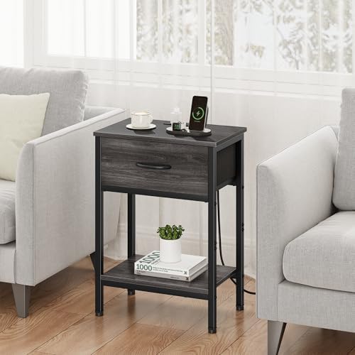 Nightstand with Charging Station, End Table with Fabric Drawer, Small Side Table with 2-Tier Storage Shelves, 25.4" Tall Night Stand, Bedside Table for Bedroom, Living Room, Dorm, Black Oak