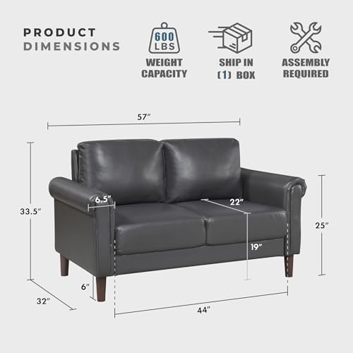 Lexicon Faux Leather Loveseat, 2 Seater Couch, Dark Gray