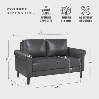 Lexicon Faux Leather Loveseat, 2 Seater Couch, Dark Gray