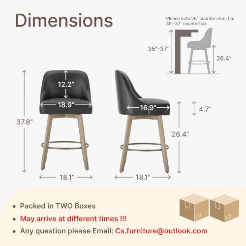 Counter Height Bar Stools Set of 4, Modern Swivel Barstools with Back and Wood Legs, Faux Leather Upholstered Bar Chairs, 26" Seat Height Counter Stools for Kitchen Island,Black