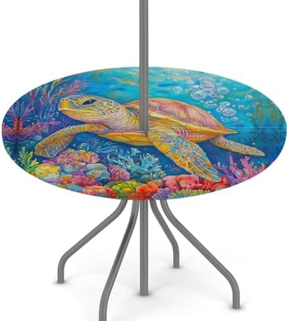 Turtle Outdoor Round Fitted Tablecloth with Umbrella Hole Zipper 45-56